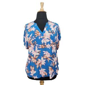 Signature Studio tropical Print Blouse Blue Pink Cap Sleeve Size 2X